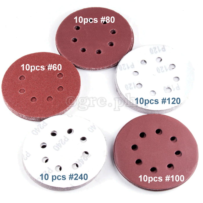 ROSD-50A Pack of 50pcs Assorted Grit Aluminum Oxide 8-Hole Sanding Discs 125mm (5”)