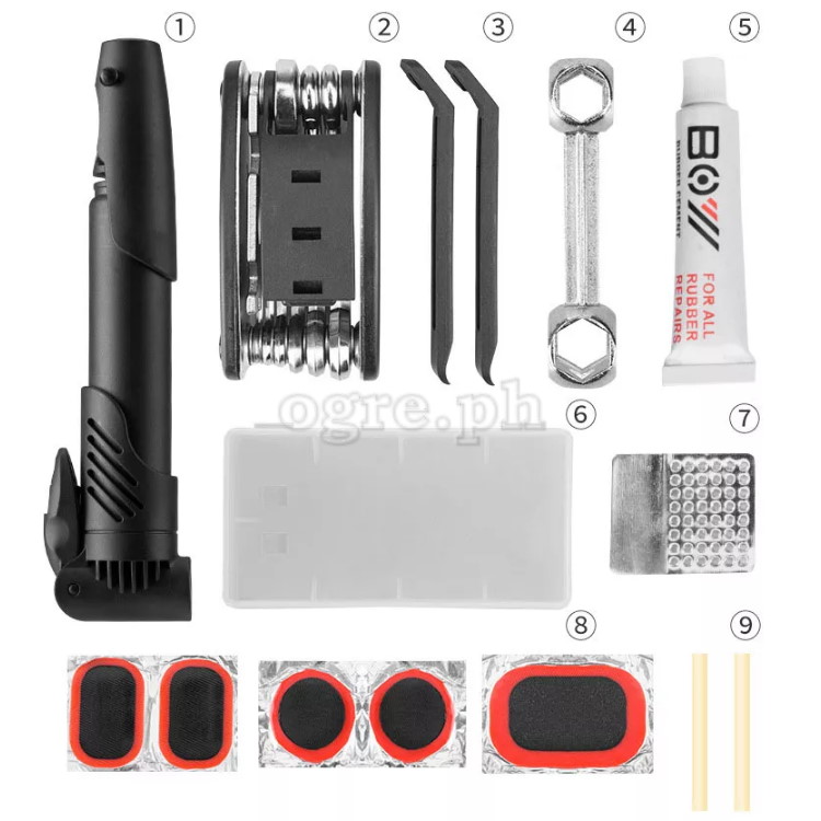 GJ9816 Portable Bike Tire Repair Kit with 16-in-1 Folding Tools Set and Mini Air Pump