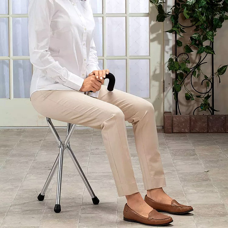 SQ-3282R 2 in 1 Folding Aluminum Tripod Cane with Round Seat (1.2mm Thick Tubing)