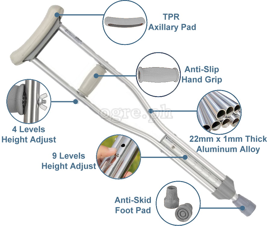 TB-2210G Heavy Duty Adjustable Aluminum Alloy Medical Axillary Crutches 1 Pair (1.0mm Thick Tubing)