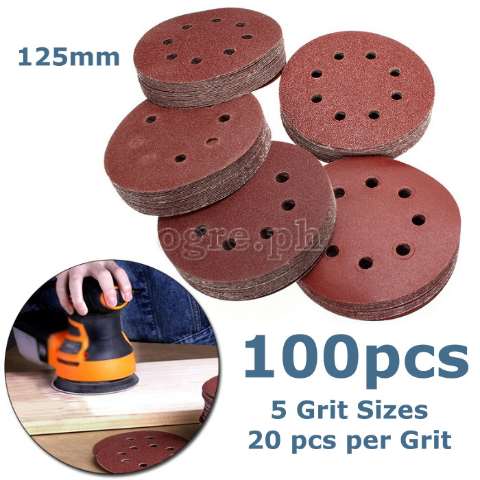 ROSD-100A Pack of 100pcs Assorted Grit Aluminum Oxide 8-Hole Sanding Discs 125mm (5”)