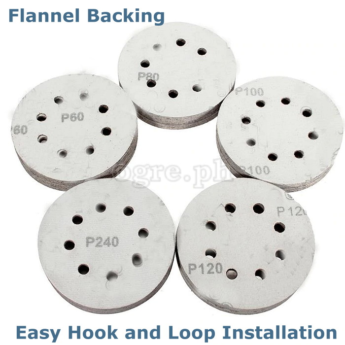 ROSD-100A Pack of 100pcs Assorted Grit Aluminum Oxide 8-Hole Sanding Discs 125mm (5”)