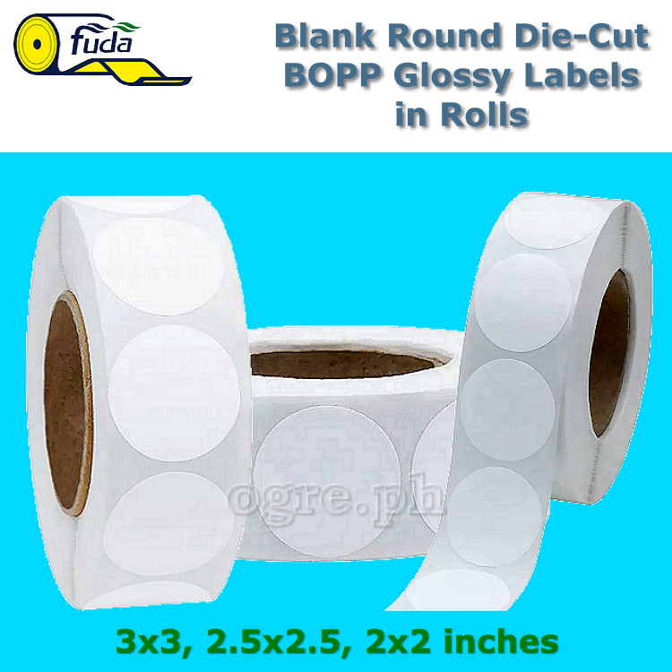 BLR-GWC Blank BOPP Round Die-Cut Labels in Rolls ~ Glossy White (Various Sizes)