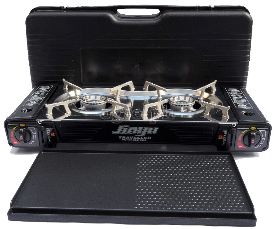 BDZ-155S Portable 2-Burner Butane Gas Stove with Griddle Plate and Hard Case