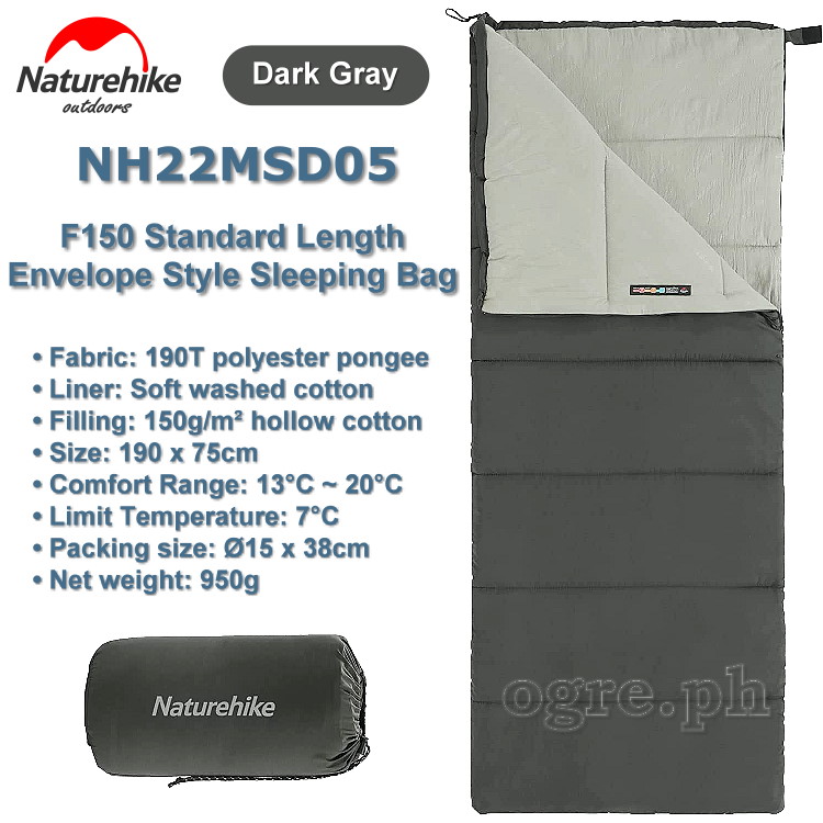 NH22MSD05 F150 190 x 75cm Standard Length Envelope Style Sleeping Bag
