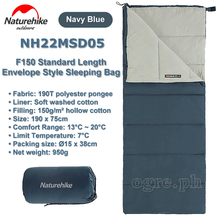 NH22MSD05 F150 190 x 75cm Standard Length Envelope Style Sleeping Bag