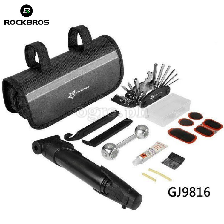 GJ9816 Portable Bike Tire Repair Kit with 16-in-1 Folding Tools Set and Mini Air Pump