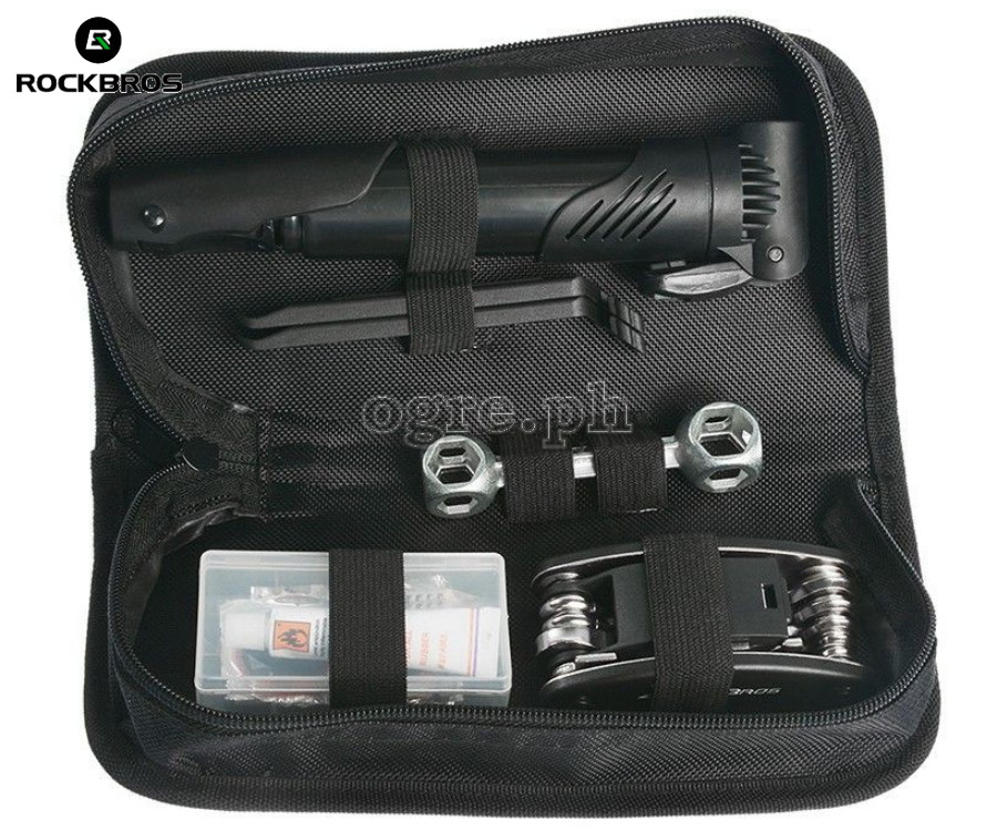 GJ9816 Portable Bike Tire Repair Kit with 16-in-1 Folding Tools Set and Mini Air Pump