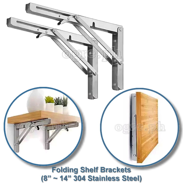 FSB-01SS Premium Quality 90° Folding Shelf Brackets 1 Pair Heavy Load Bearing (8”~14” 304 Stainless Steel)