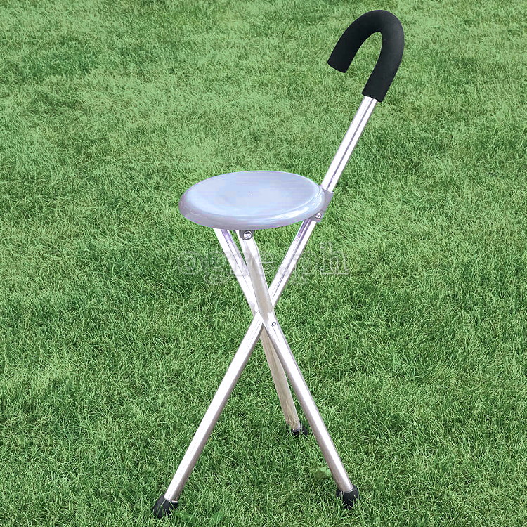 SQ-3282R 2 in 1 Folding Aluminum Tripod Cane with Round Seat (1.2mm Thick Tubing)