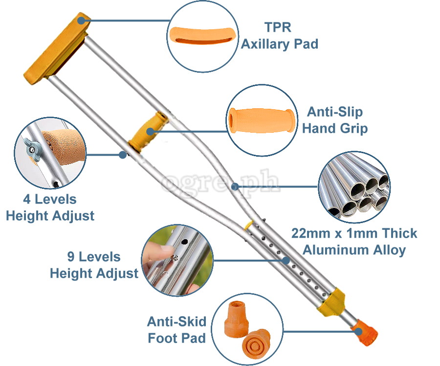 TB-2208Y Heavy Duty Adjustable Aluminum Alloy Medical Axillary Crutches 1 Pair (0.8mm Thick Tubing)