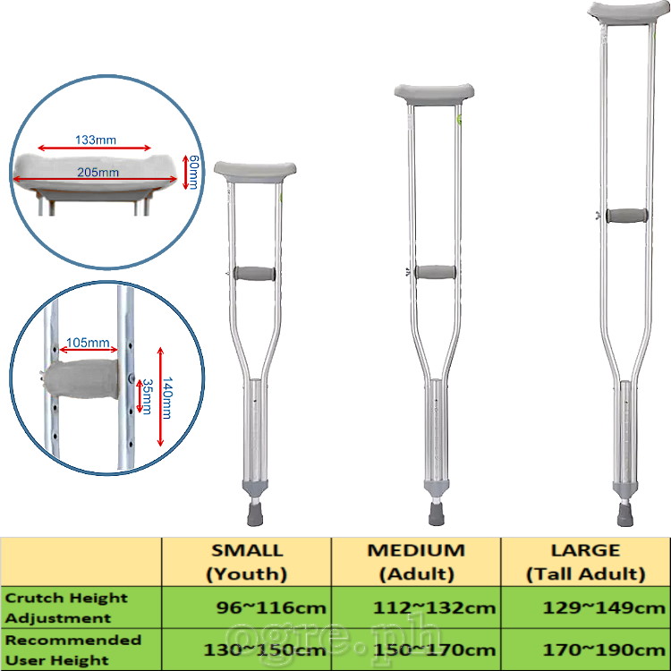 TB-2210G Heavy Duty Adjustable Aluminum Alloy Medical Axillary Crutches 1 Pair (1.0mm Thick Tubing)