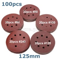 ROSD-100A Pack of 100pcs Assorted Grit Aluminum Oxide 8-Hole Sanding Discs 125mm (5”)